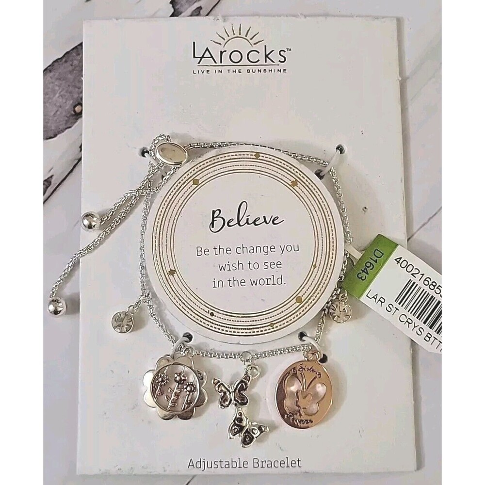 LA Rocks Silver & Rose Gold Tone Crystal Charm Bracelet w/ Butterflies & Flowers